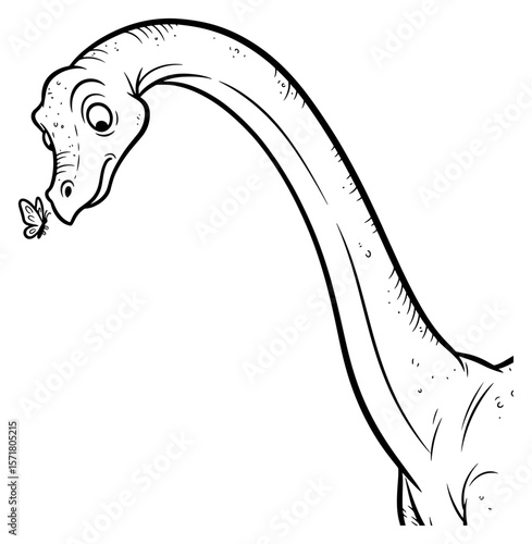 Cartoon Brachiosaurus Line Art with Butterfly