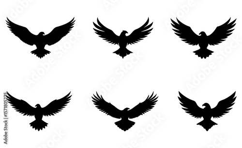 Soaring Eagle silhouettes icons set. eagle, soaring, flight, wings, freedom, strength, power, bird, silhouette, black, vector, icon, graphic, symbol, talon, predator, hunter, sky, air, majestic.