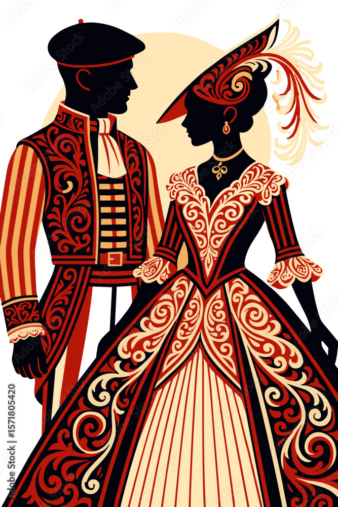Obraz premium Stylized couple in traditional historical costumes with ornate patterns on white background, World Population Day concept