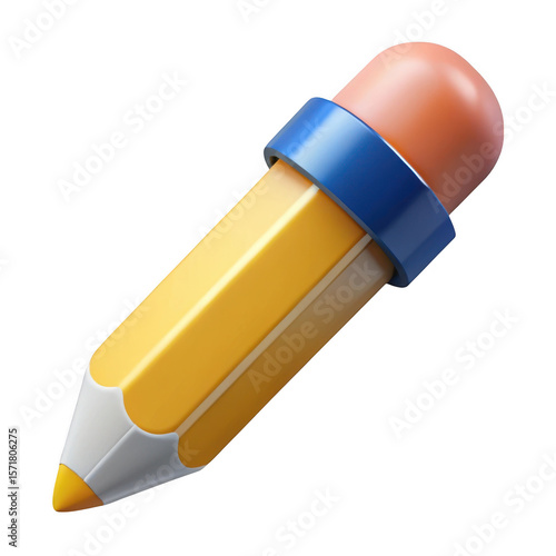 3d yellow pencil with eraser isolated on transparent background