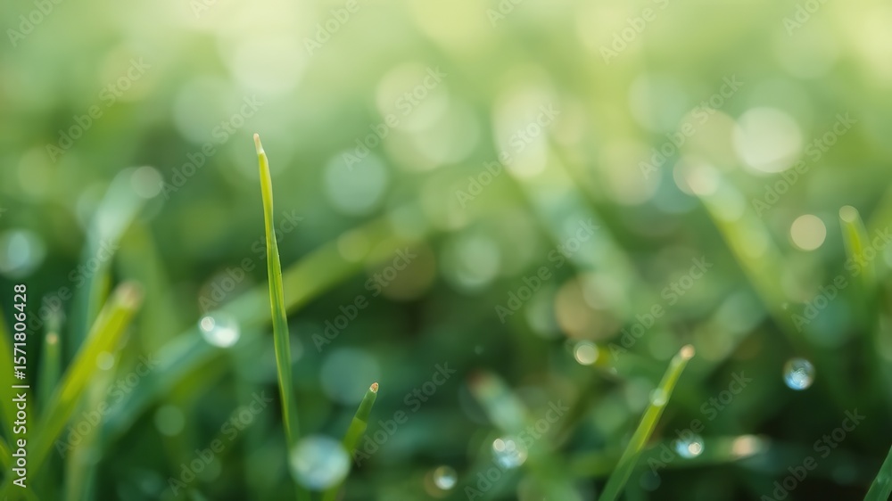 Fototapeta premium Close up of green grass with water droplets glistening in the soft morning light and bokeh background
