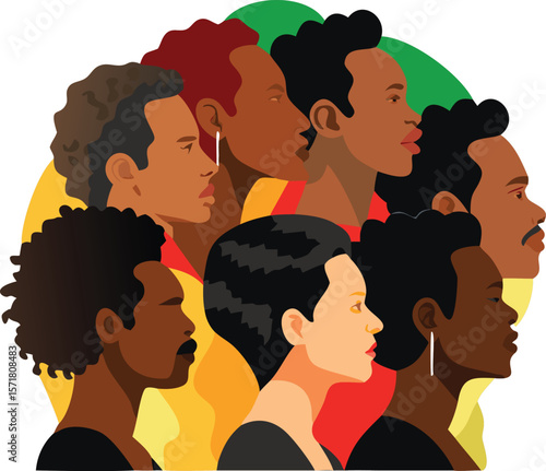Diverse group of people in profile. Multicultural community and Black History Month vector illustration.
