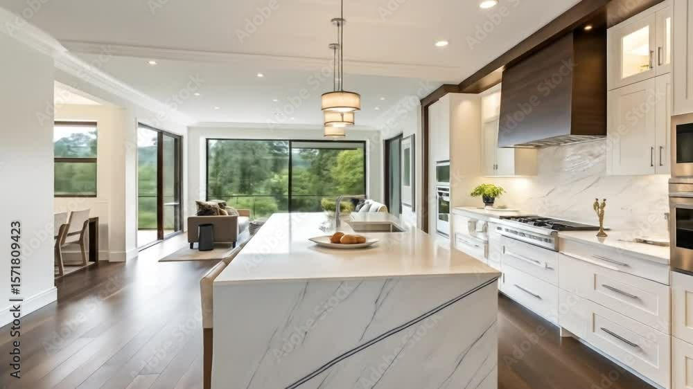 Open concept kitchen living room design with marble island countertops ...