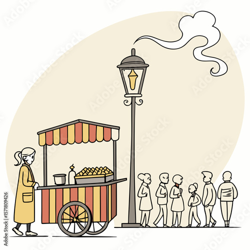 Traditional Street Food Vector – Female Vendor Serving Foul Medames from Vibrant Cart, with Queue of People, Lamppost, and Warm Urban Evening Atmosphere in Flat Retro Style

