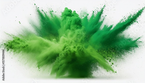 abstract powder splatted background freeze motion of green powder exploding throwing green abstract emerald dust explosion on white background
