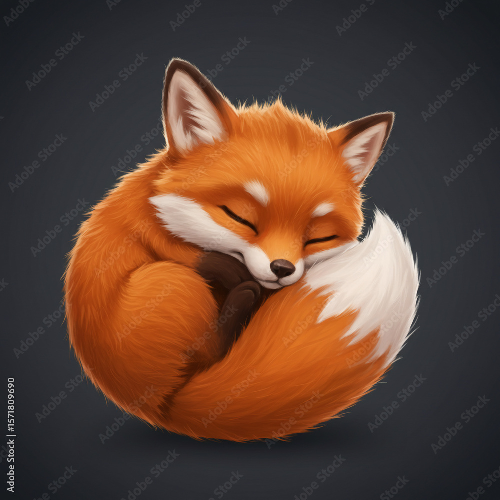 Obraz premium A cartoon fox curled up sleeping with its tail wrapped around its body on a dark gray background