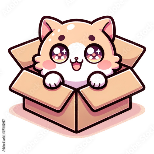 Playful Kitten in a Box: An adorable, cartoon-style kitten, with huge, expressive eyes, playfully peeks out from a cardboard box, its innocent gaze and playful demeanor promising a world of fun.