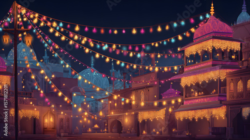 A festive night scene in an Indian town, adorned with numerous colorful string lights illuminating traditional buildings and domes.