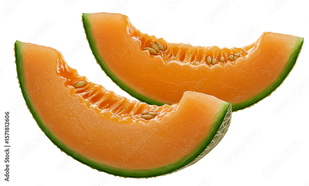 Two slices of orange cantaloupe melon with seeds, transparent PNG, isolated background, fresh Two slices of orange cantaloupe melon with seeds, transparent PNG, isolated background, fresh