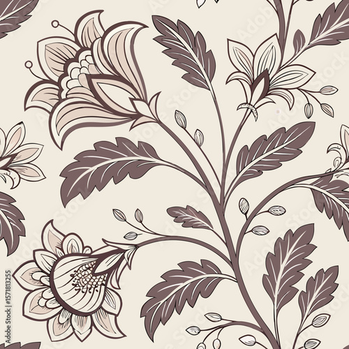 Vintage Floral Damask Pattern: Classic vintage damask seamless pattern with hand-drawn flowers and foliage in soft brown monochrome. Ideal for elegant textiles, wallpapers, and luxury design.