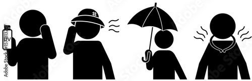 夏の暑さ対策をする人々のピクトグラム