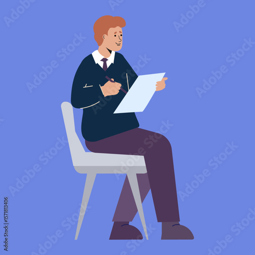 Vector Illustration Man Reviewing Documents