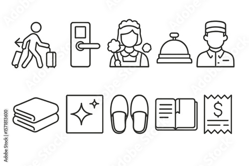 Hotel and hospitality outline icon set. travel, service, amenities line collection