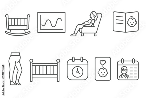 Pregnancy and childbirth line icon set: maternity, baby care, parenting in outlines