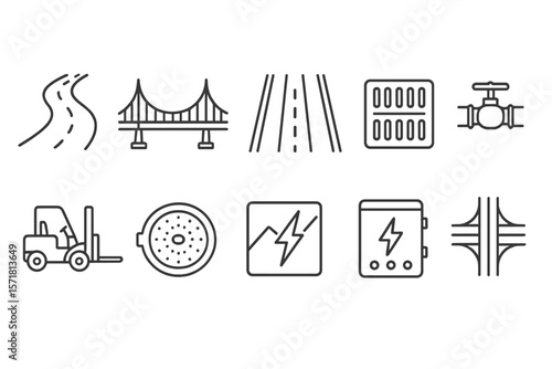 Infrastructure and energy line icon set. roads, bridges, power linear icons collection