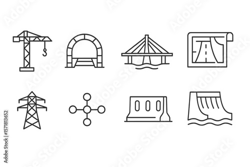 Infrastructure, construction line icon set. bridges, roads, utilities in linear style