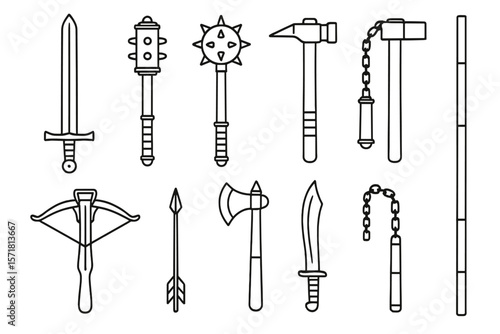 Medieval weapons line icon set. swords, axes, bows and tools outline collection
