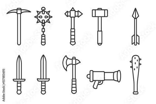 Weaponry line icon set: swords, axes, hammers and more