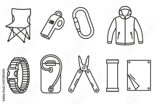 Camping equipment line icon set: essential outdoor gear for adventures