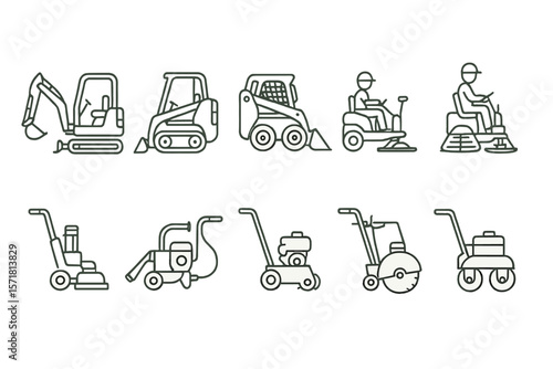 Construction equipment line icon set. machinery, tools, vehicles linear collection