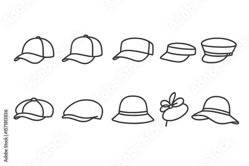 Hat and cap icon set. headwear outline icons collection for fashion, accessories