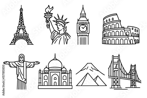 Landmarks line icon set. famous structures from around the world in line art