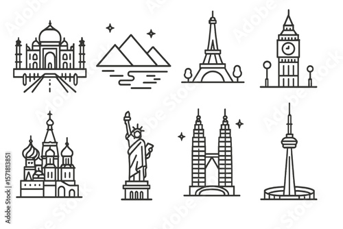 Landmarks icon set: linear world architecture symbols in outline style collection