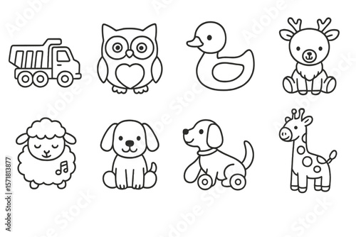 Animal, transportation outline icon set. cute, simple line art collection