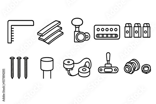Guitar and music equipment line icon set. amplifiers, tuners, picks in linear style