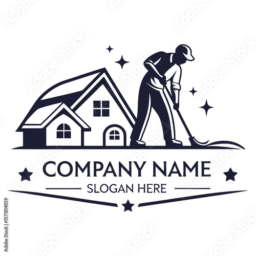 Home cleaning service logo. A person cleans the ground in front of a house
