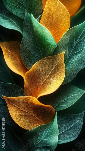 A close-up of colorful leaves with intricate textures, showcasing vibrant orange and green hues, perfect for nature-themed designs.
