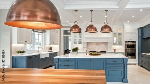 Luxury kitchen design ideas: blue and white cabinets, island lighting, farmhouse sink, modern appliances