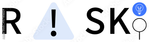 Bold RISK text with exclamation triangle, lightbulb for ideas, magnifying glass for analysis. Ideal for safety, decisions, awareness, innovation, problem-solving, planning simple landing page