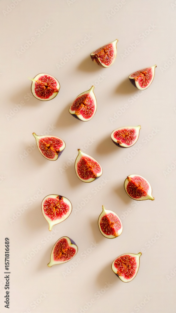 Fototapeta premium Sliced figs levitating in layered composition with exposed seeds and rich texture — floating fruit slices on clean background for elegant food visuals