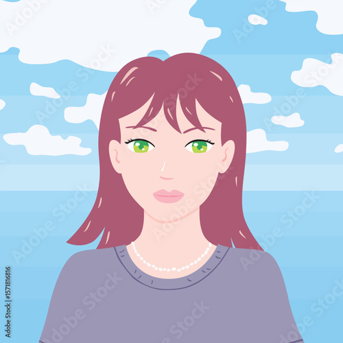 Beautiful girl wearing grey t-shirt in front of the summer blue sea and sky vector illustration