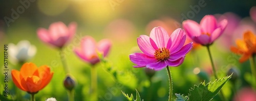 Vibrant Spring Wildflowers Blooming in Sunlit Meadow A Close-up of Natures Renewal