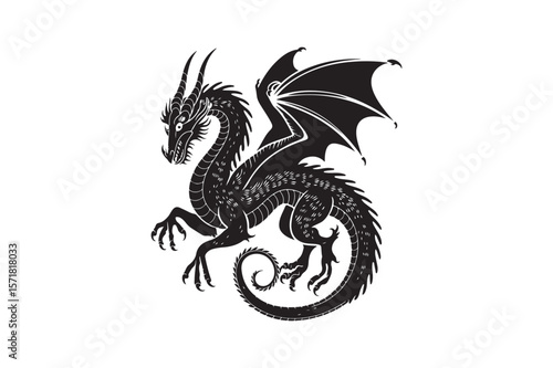 Intricate black silhouette of a fierce dragon with wings spread