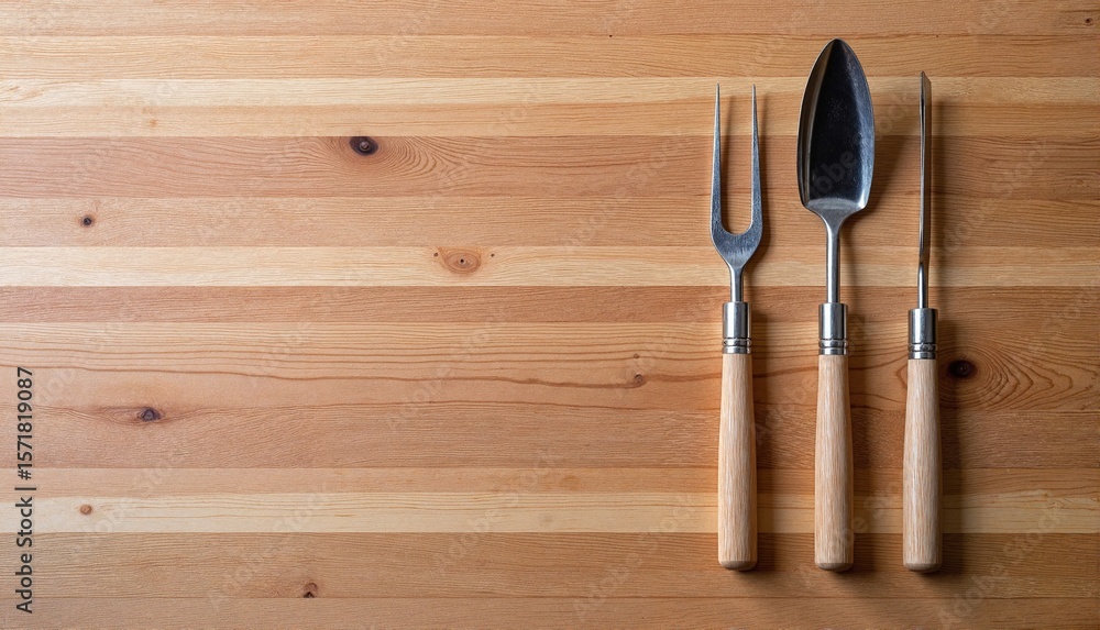 Gardening tools set including a trowel, fork, and cultivator on a wooden background, minimalist and natural concept of gardening supplies and outdoor lifestyle Gardening tools set including a trowel, fork, and cultivator on a wooden background, minimalist and natural concept of gardening supplies and outdoor lifestyle
