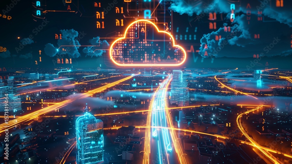 Obraz premium Futuristic AI-Powered Smart City Skyline with Neon Lights and Digital Connectivity at Night