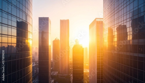 ビルの谷間から昇る朝日