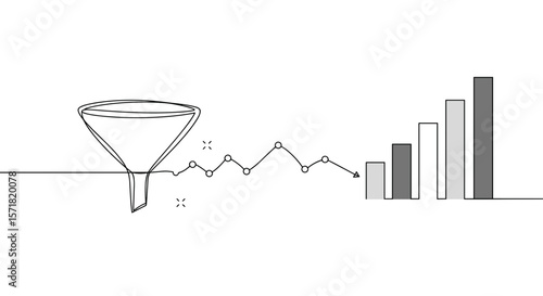 Funnel with fluctuating line and bar chart in minimal line art