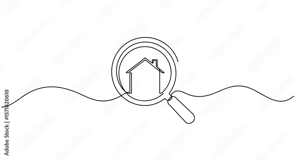 Obraz premium House search magnifier icon in continuous line style for real estate