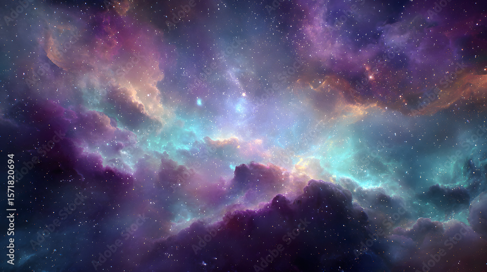 Fototapeta premium Colorful nebula with purple, blue, and orange hues, creating a cosmic and ethereal scene.