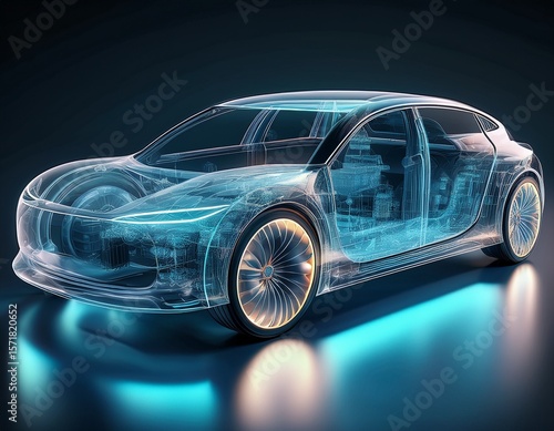 transparent glass car x ray perspective innovative design showcases internal structure tech vehicle concept futuristic automobile digital art advanced automotive innovation