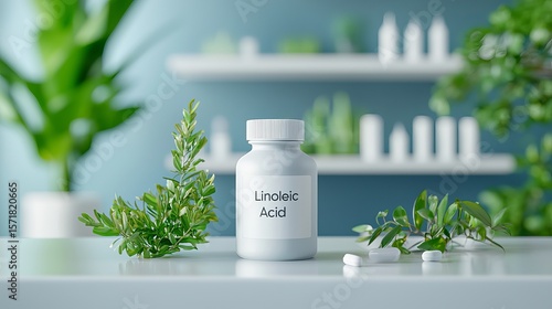 White bottle of linoleic acid with fresh green leaves, set against a calming blue background, showcasing health and wellness.