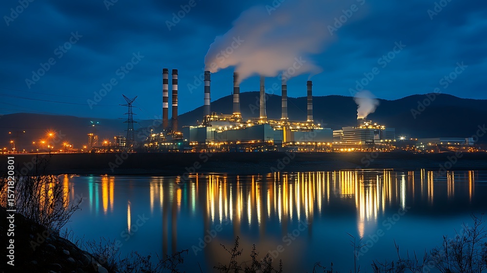 Naklejka premium A Distant Panoramic Image of a Thermal Power Plant with Airborne Emissions Representing Human Impact on Climate and Atmospheric Pollution