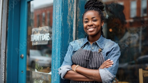 Woman entrepreneur smiling at storefront