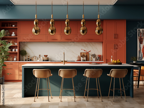 midcentury modern inspired kitchen interior and navy and terracotta