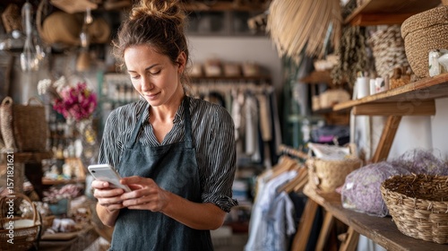 Woman using phone in a shop