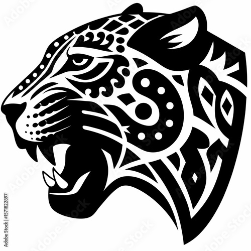 Aztec Jaguar Head Tribal Design Illustration